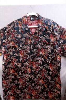 Street Culture Shirt Mens XL Dragon Asian Print Rayon Nylon Short Sleeve Black